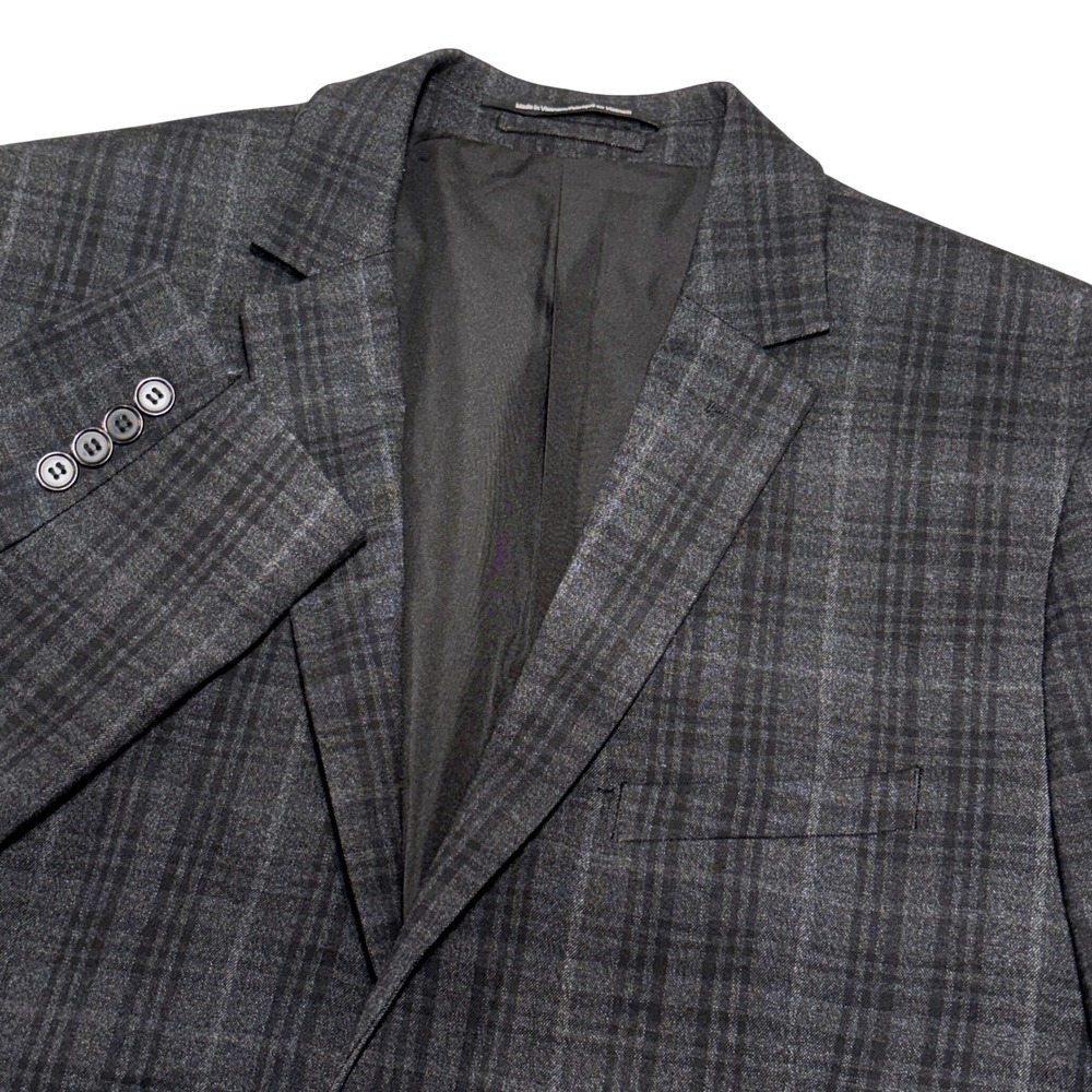 H&M Blazer Men 44R Dark Grey Plaid Slim Fit Elbow Patches Dark Academia Heritage
